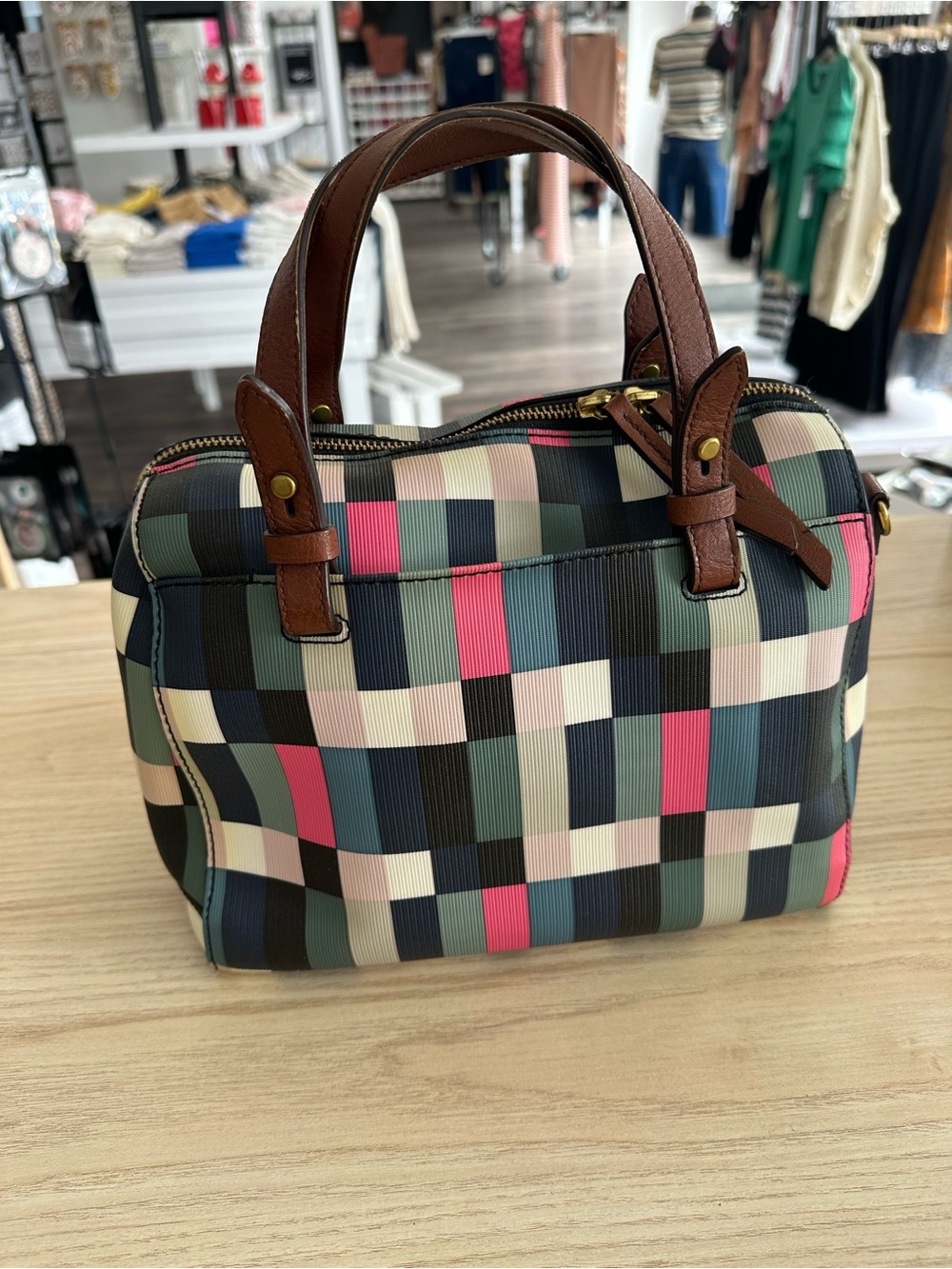 Fossil Multicolor Checkered Satchel with Brown Handles